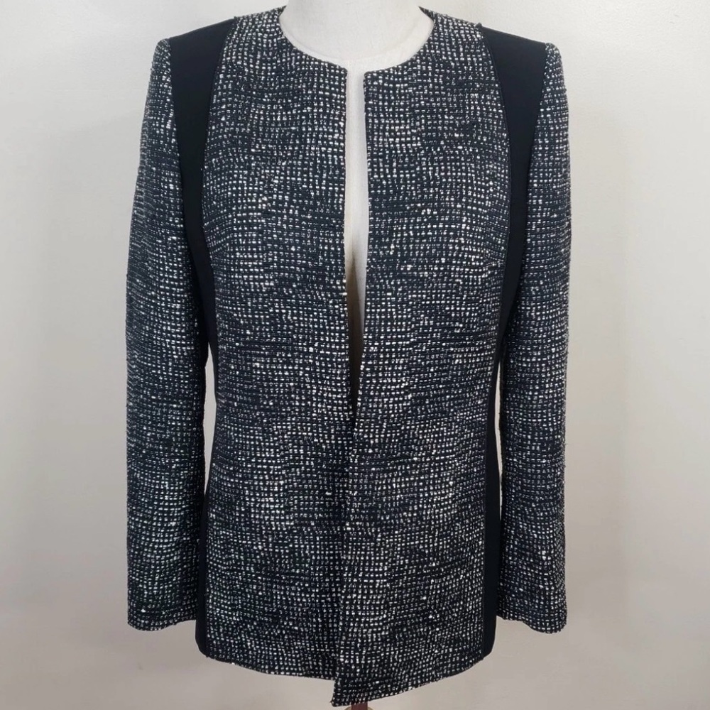Lafayette 148 New York Black & White Plaid Print Collarless Textured Blazer 8